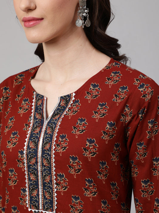 Women Maroon Ethnic Printed Straight Kurta With Palazzo | LASVINI - Redefining Indian Fashion with Elegance
