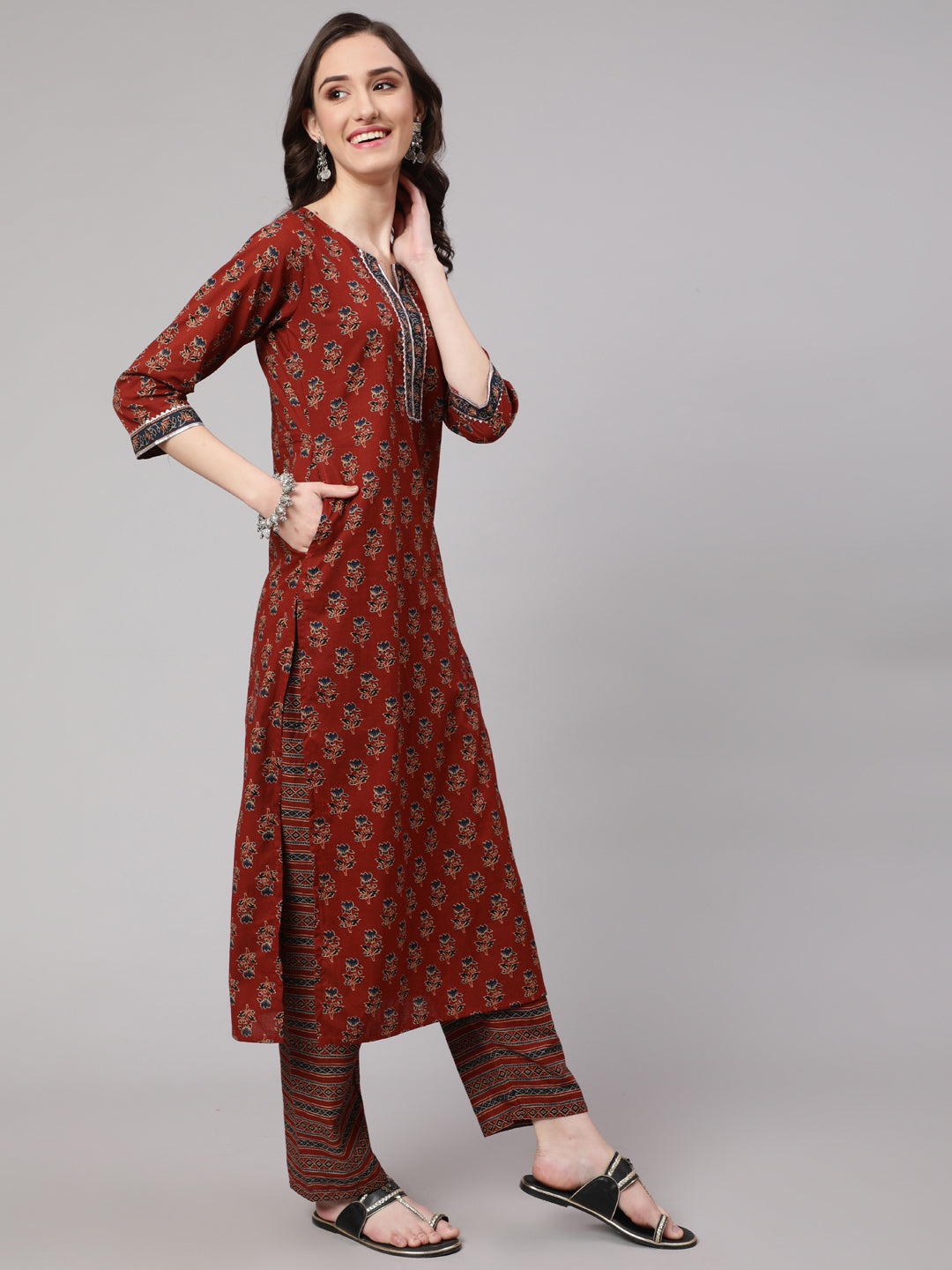 Women Maroon Ethnic Printed Straight Kurta With Palazzo | LASVINI - Redefining Indian Fashion with Elegance