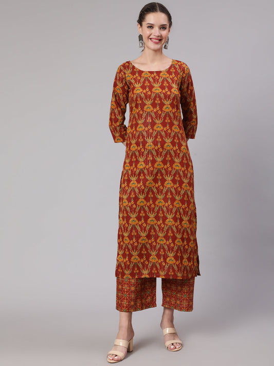 Women Maroon Floral Printed Straight Kurta And Palazzo | LASVINI - Redefining Indian Fashion with Elegance