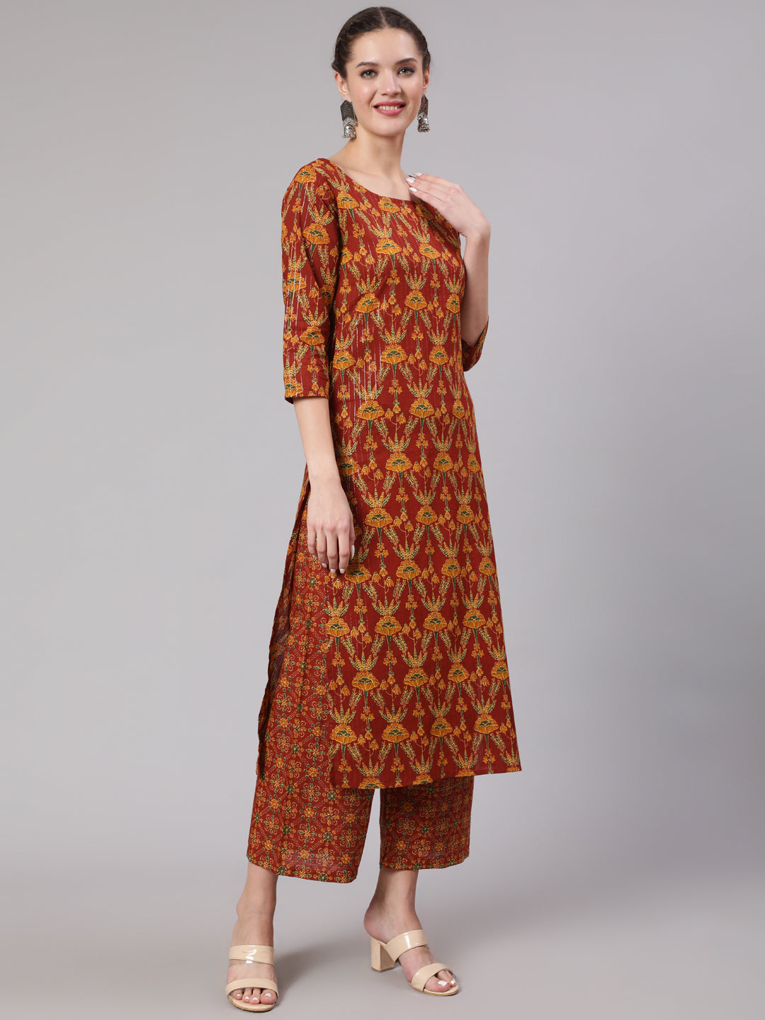 Women Maroon Floral Printed Straight Kurta And Palazzo | LASVINI - Redefining Indian Fashion with Elegance