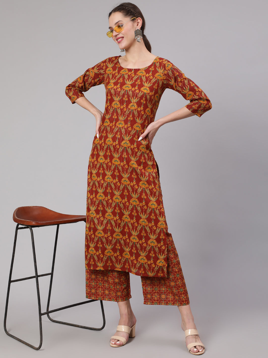 Women Maroon Floral Printed Straight Kurta And Palazzo | LASVINI - Redefining Indian Fashion with Elegance