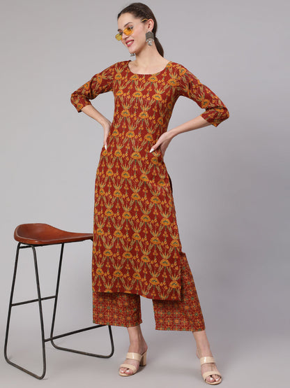 Women Maroon Floral Printed Straight Kurta And Palazzo | LASVINI - Redefining Indian Fashion with Elegance