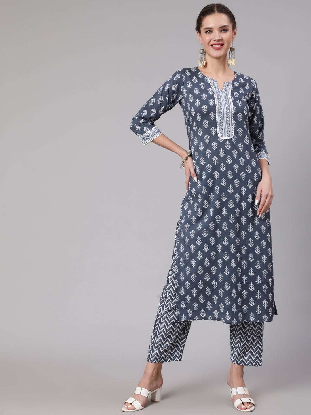 Women Grey Printed Straight Kurta And Palazzo | LASVINI - Redefining Indian Fashion with Elegance