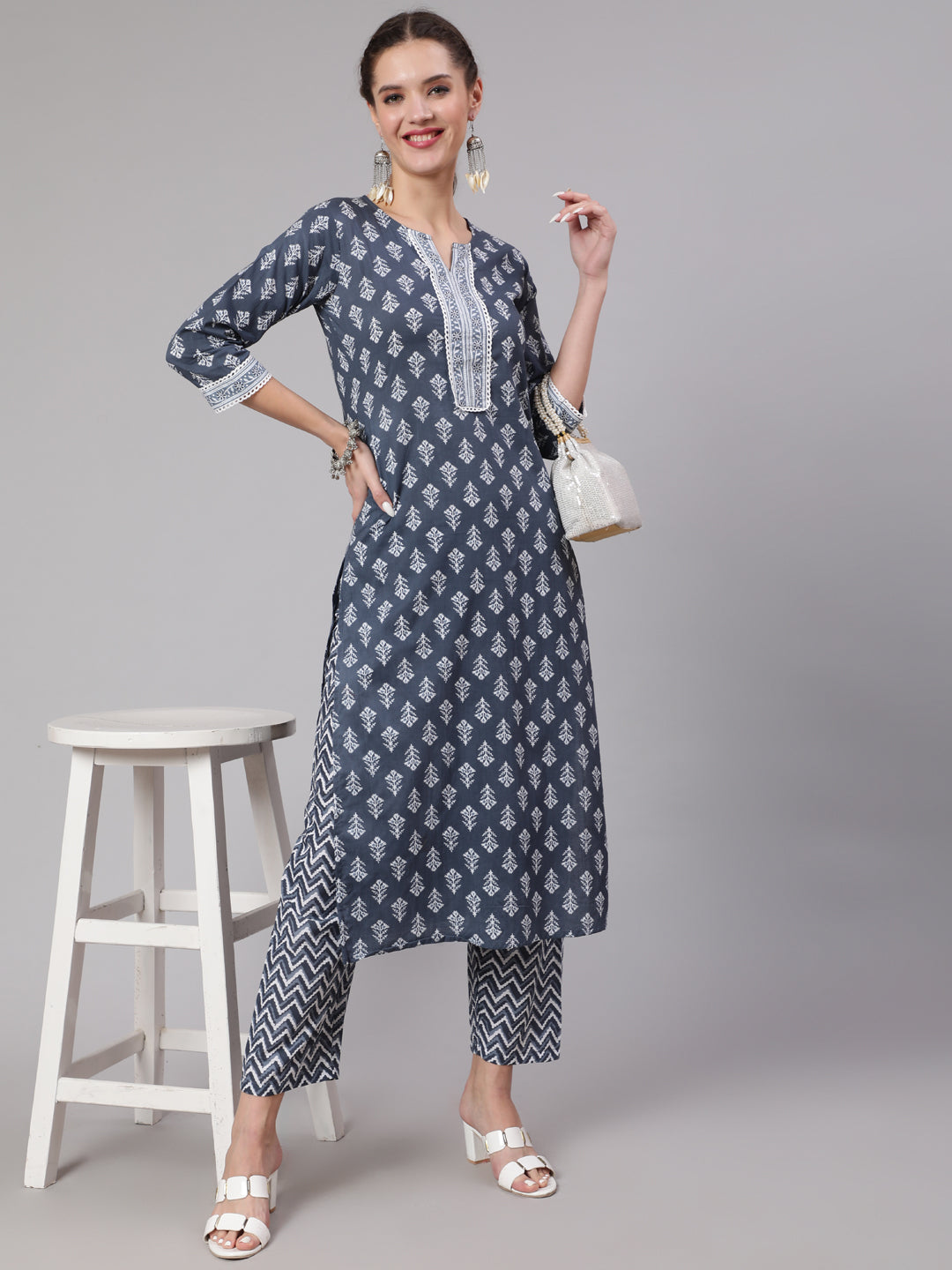 Women Grey Printed Straight Kurta And Palazzo | LASVINI - Redefining Indian Fashion with Elegance