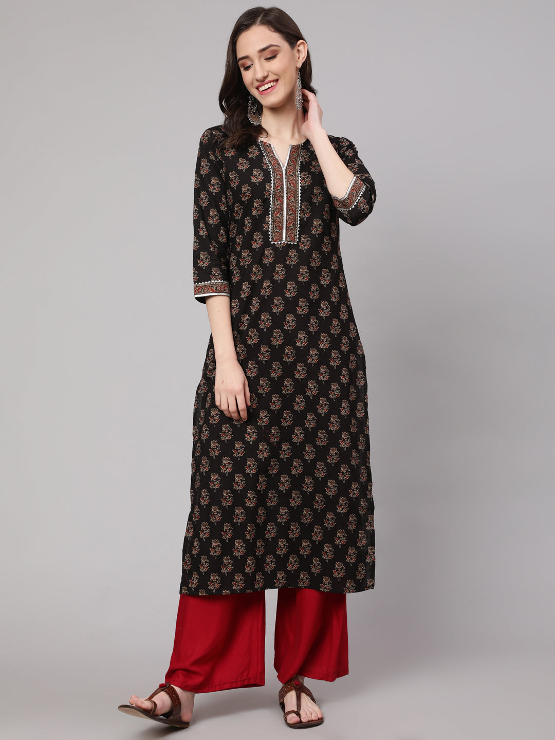 Women Black Printed Straight Kurta With Three Quarter Sleeves | LASVINI - Redefining Indian Fashion with Elegance