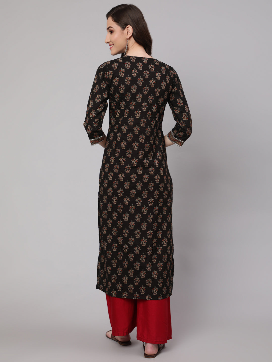 Women Black Printed Straight Kurta With Three Quarter Sleeves | LASVINI - Redefining Indian Fashion with Elegance