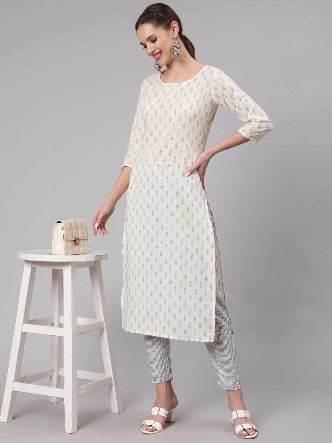 Women Off White Printed Straight Kurta With Trouser | LASVINI - Redefining Indian Fashion with Elegance