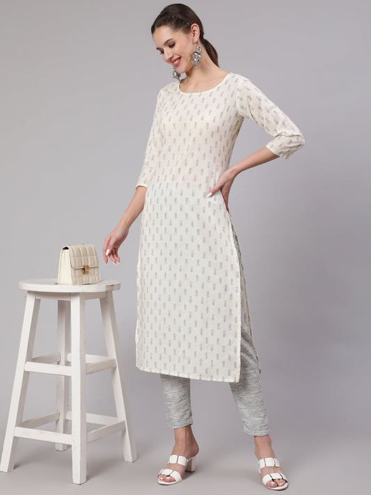 Women Off White Printed Straight Kurta With Trouser | LASVINI - Redefining Indian Fashion with Elegance