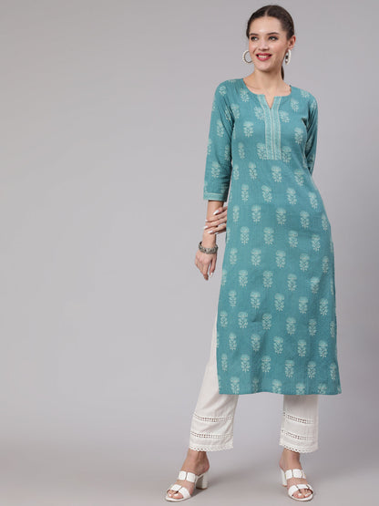 Women Sea Green Printed Straight Kurta With White Solid Trouser | LASVINI - Redefining Indian Fashion with Elegance