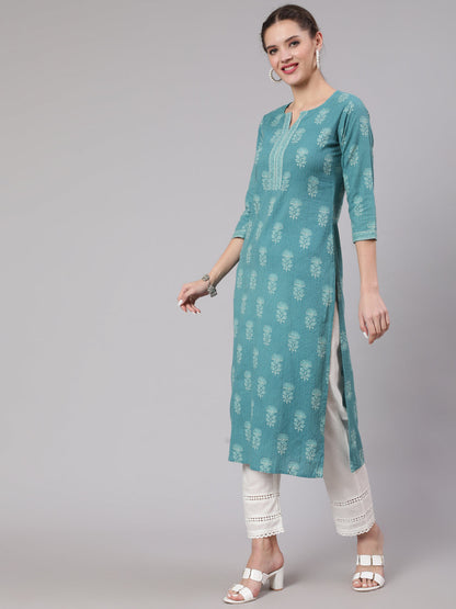 Women Sea Green Printed Straight Kurta With White Solid Trouser | LASVINI - Redefining Indian Fashion with Elegance