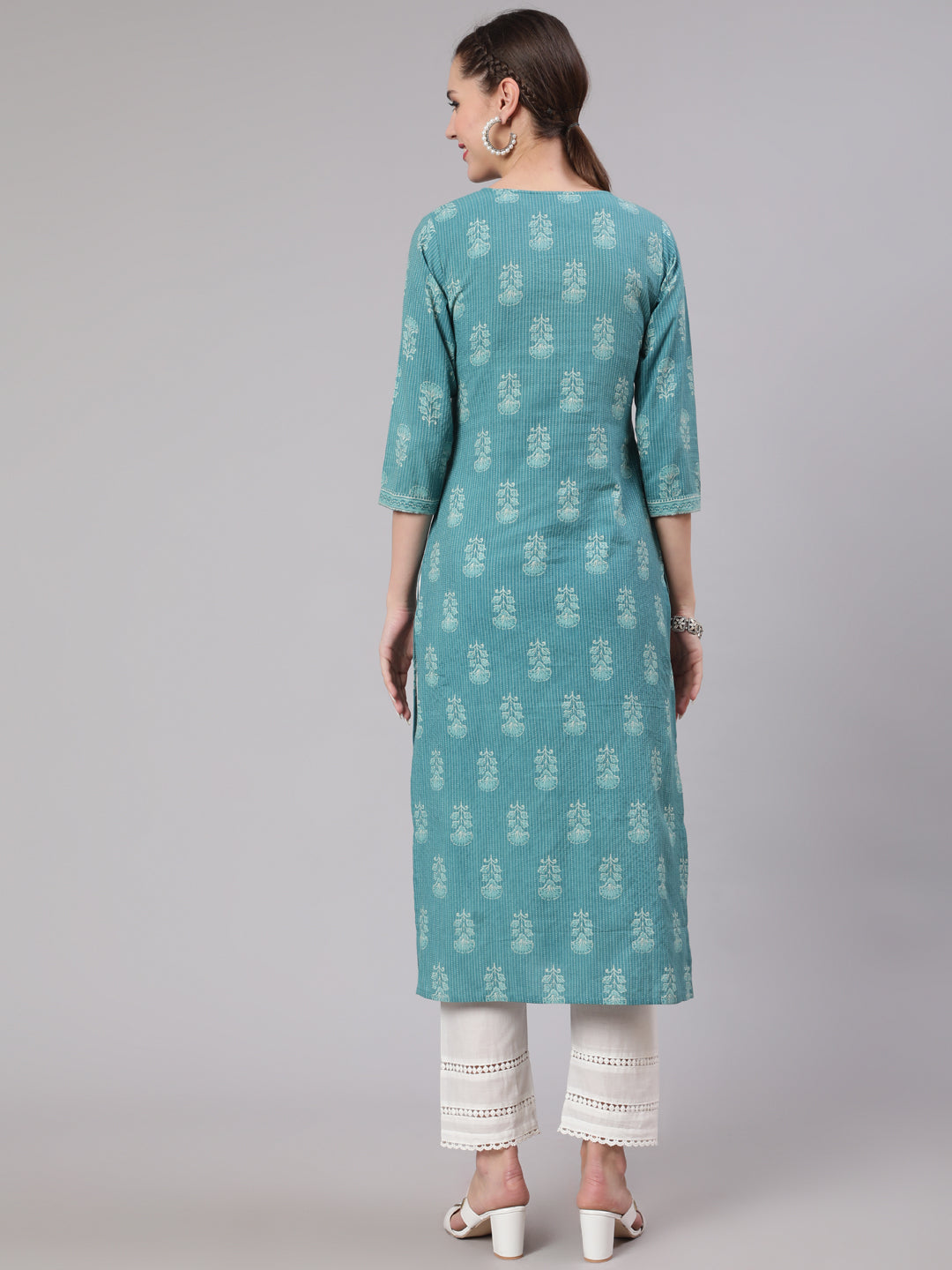 Women Sea Green Printed Straight Kurta With White Solid Trouser | LASVINI - Redefining Indian Fashion with Elegance