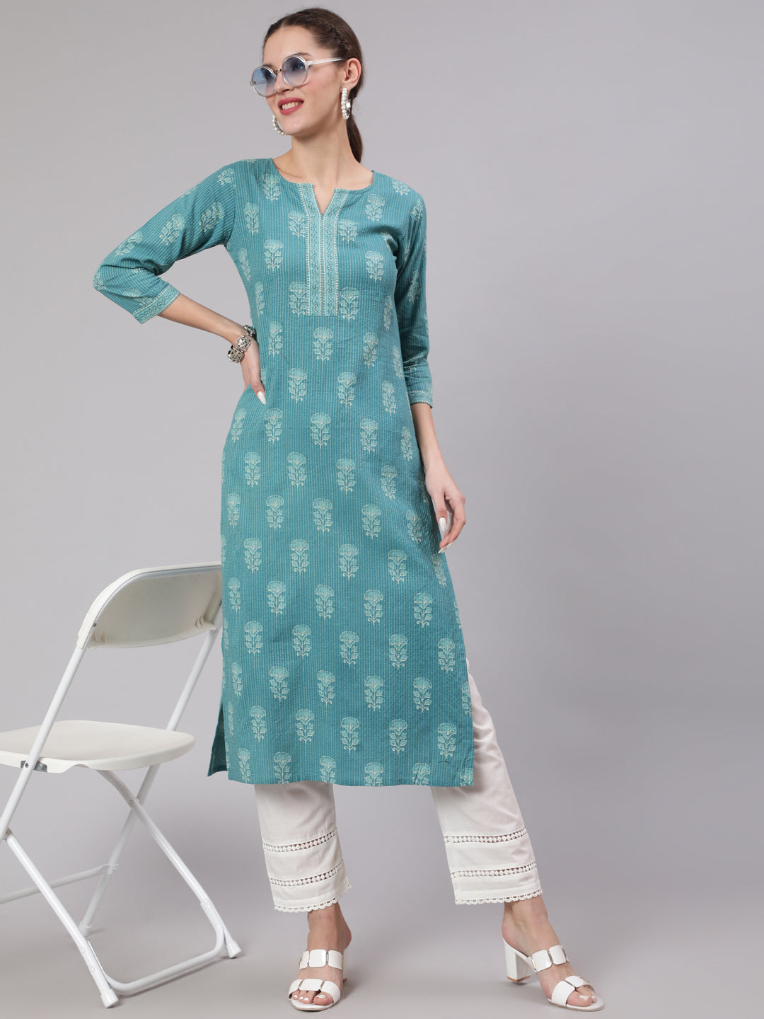 Women Sea Green Printed Straight Kurta With White Solid Trouser | LASVINI - Redefining Indian Fashion with Elegance