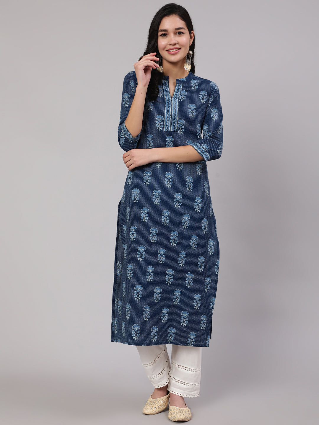Women Blue Printed Straight Kurta With White Solid Trouser | LASVINI - Redefining Indian Fashion with Elegance
