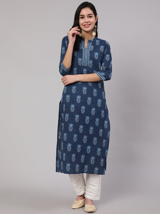 Women Blue Printed Straight Kurta With White Solid Trouser | LASVINI - Redefining Indian Fashion with Elegance