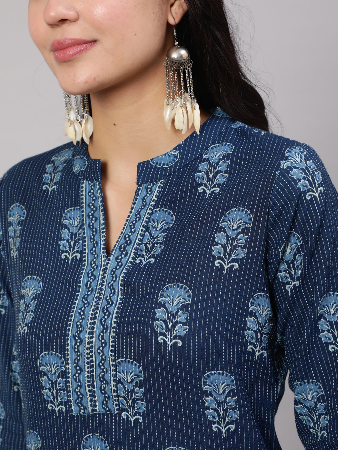Women Blue Printed Straight Kurta With White Solid Trouser | LASVINI - Redefining Indian Fashion with Elegance