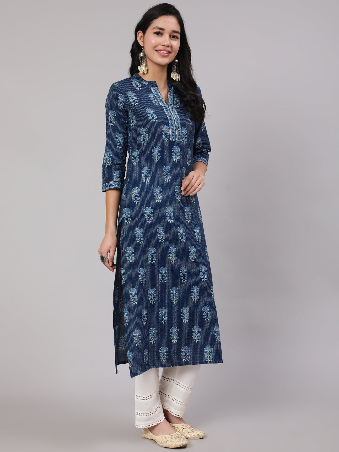 Women Blue Printed Straight Kurta With White Solid Trouser | LASVINI - Redefining Indian Fashion with Elegance
