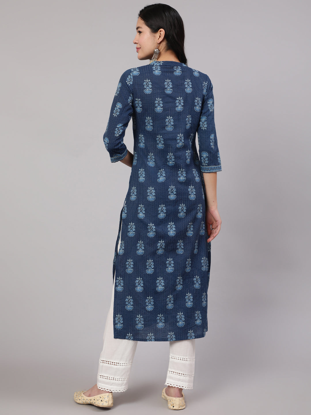 Women Blue Printed Straight Kurta With White Solid Trouser | LASVINI - Redefining Indian Fashion with Elegance