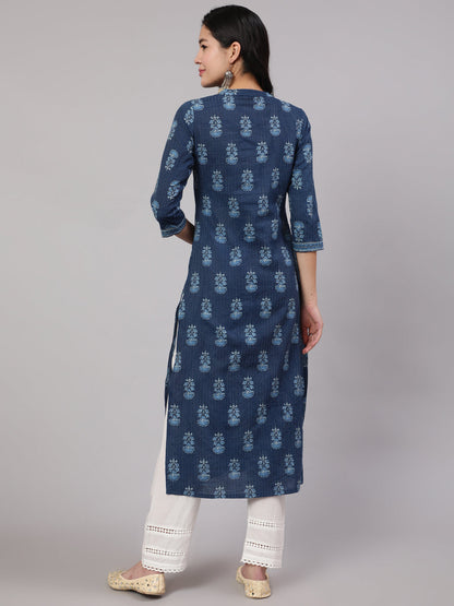 Women Blue Printed Straight Kurta With White Solid Trouser | LASVINI - Redefining Indian Fashion with Elegance