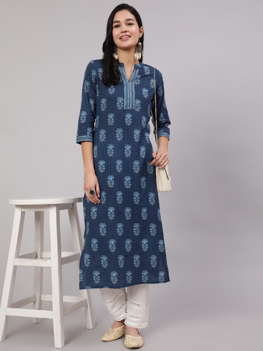 Women Blue Printed Straight Kurta With White Solid Trouser | LASVINI - Redefining Indian Fashion with Elegance