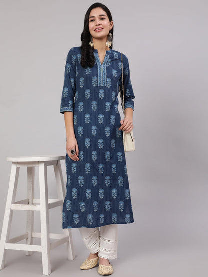 Women Blue Printed Straight Kurta With White Solid Trouser | LASVINI - Redefining Indian Fashion with Elegance