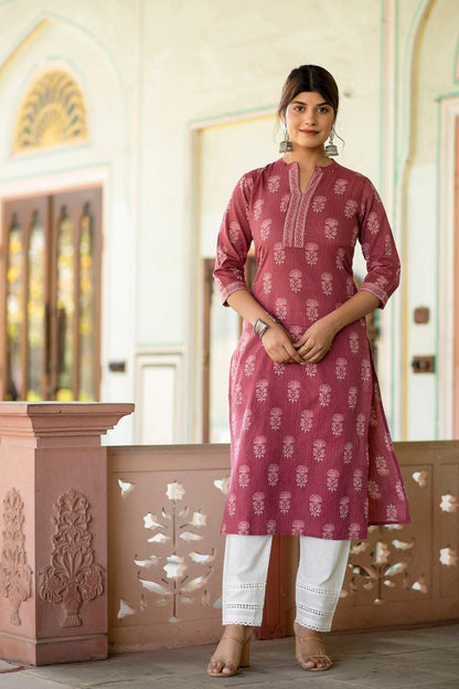 Women Mauve Printed Straight Kurta With White Solid Trouser | LASVINI - Redefining Indian Fashion with Elegance