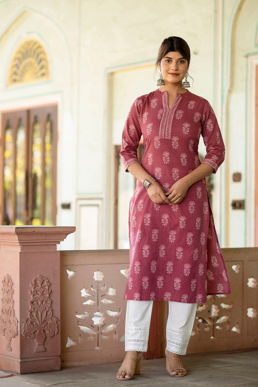 Women Mauve Printed Straight Kurta With White Solid Trouser | LASVINI - Redefining Indian Fashion with Elegance