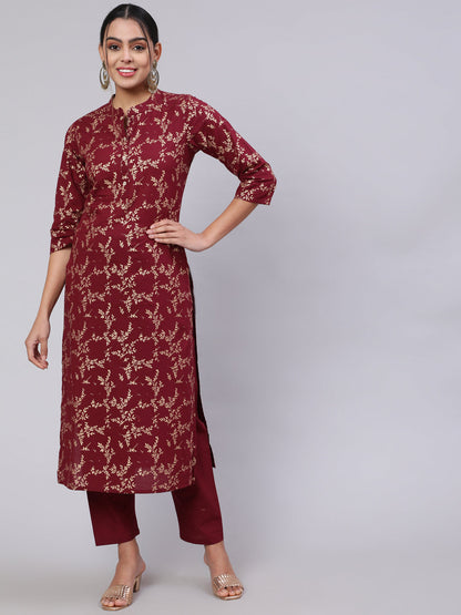 Women Burgundy Ethnic Printed Straight Kurta With Trouser | LASVINI - Redefining Indian Fashion with Elegance