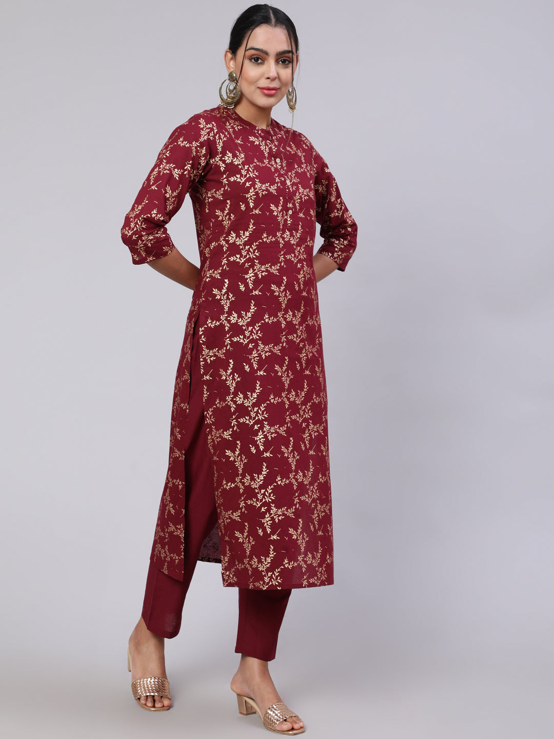 Women Burgundy Ethnic Printed Straight Kurta With Trouser | LASVINI - Redefining Indian Fashion with Elegance