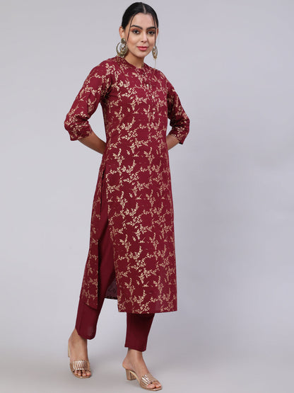 Women Burgundy Ethnic Printed Straight Kurta With Trouser | LASVINI - Redefining Indian Fashion with Elegance