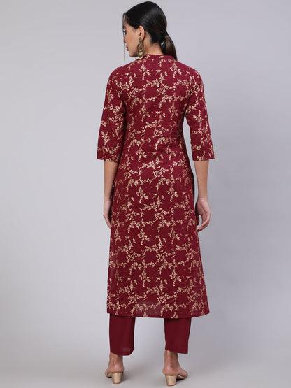 Women Burgundy Ethnic Printed Straight Kurta With Trouser | LASVINI - Redefining Indian Fashion with Elegance
