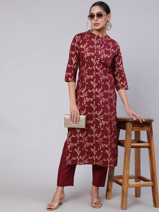 Women Burgundy Ethnic Printed Straight Kurta With Trouser | LASVINI - Redefining Indian Fashion with Elegance
