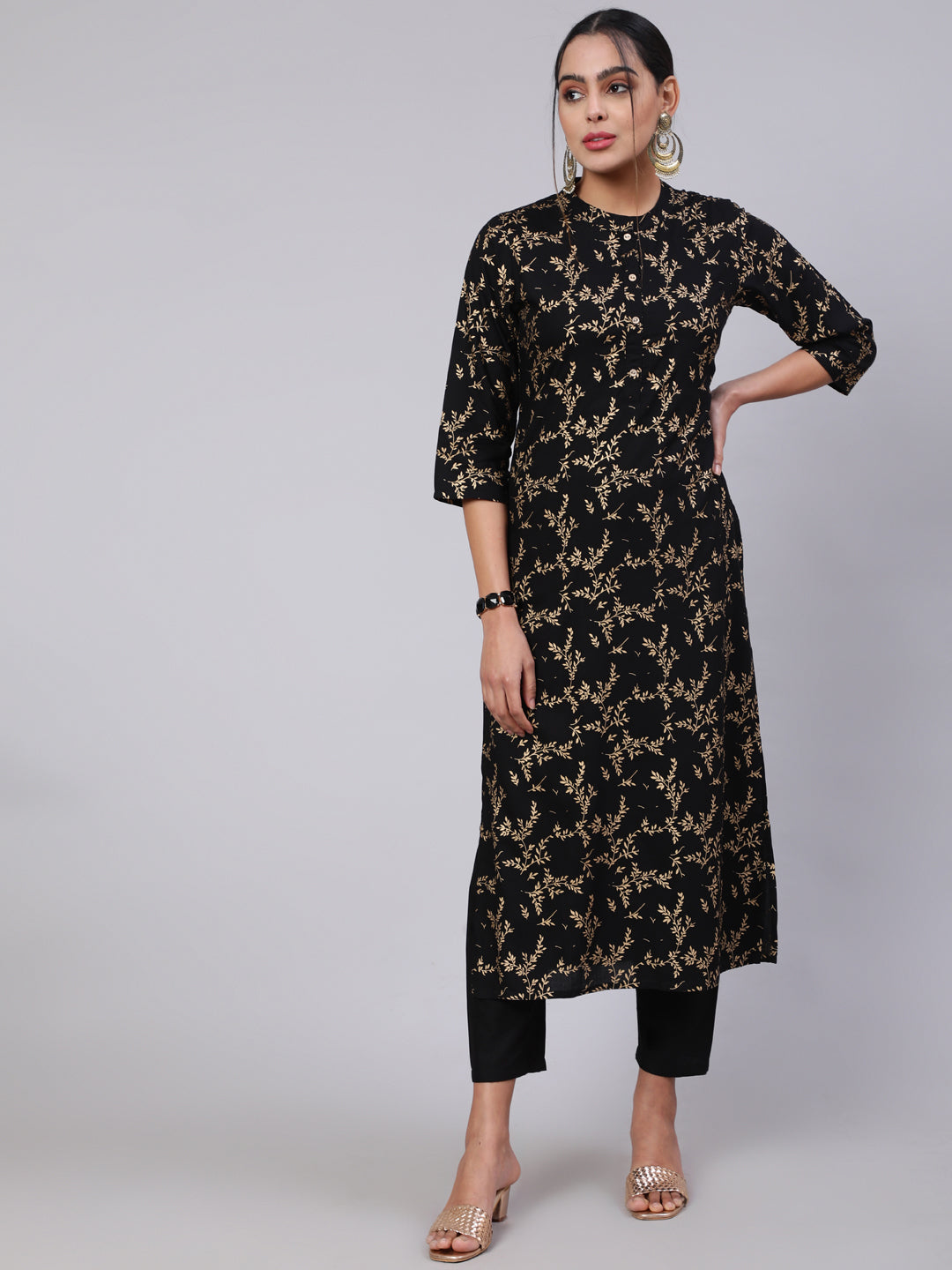 Women Black Ethnic Printed Straight Kurta With Trouser | LASVINI - Redefining Indian Fashion with Elegance