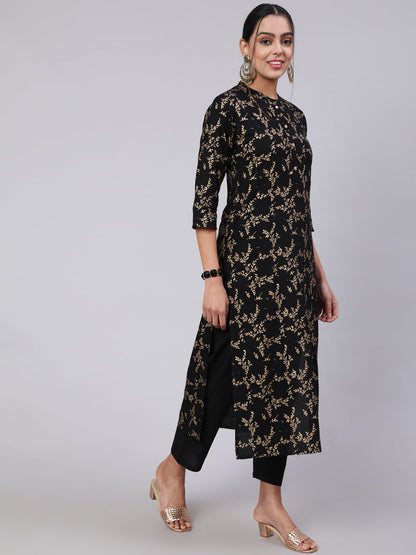 Women Black Ethnic Printed Straight Kurta With Trouser | LASVINI - Redefining Indian Fashion with Elegance