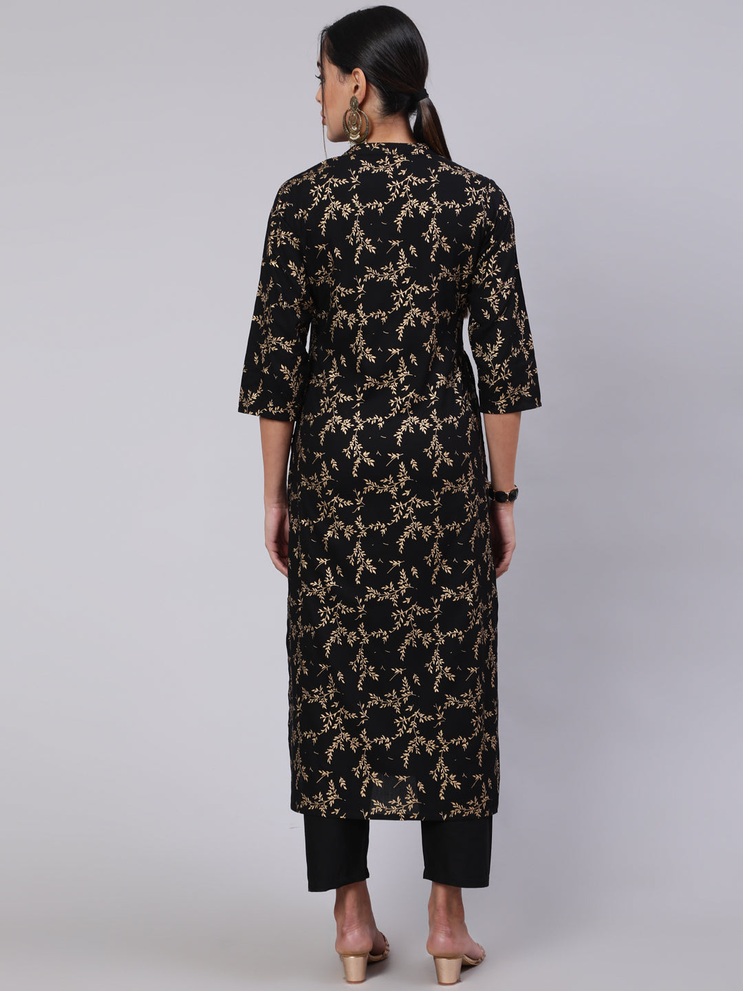 Women Black Ethnic Printed Straight Kurta With Trouser | LASVINI - Redefining Indian Fashion with Elegance