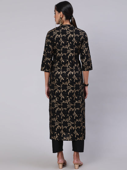 Women Black Ethnic Printed Straight Kurta With Trouser | LASVINI - Redefining Indian Fashion with Elegance