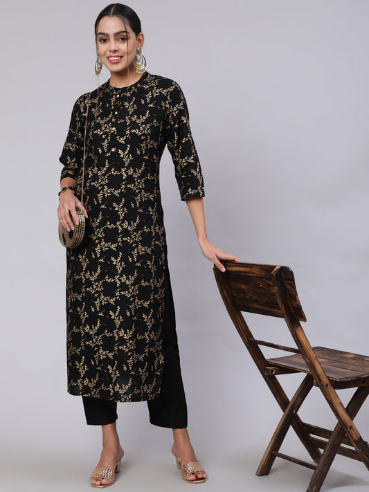 Women Black Ethnic Printed Straight Kurta With Trouser | LASVINI - Redefining Indian Fashion with Elegance