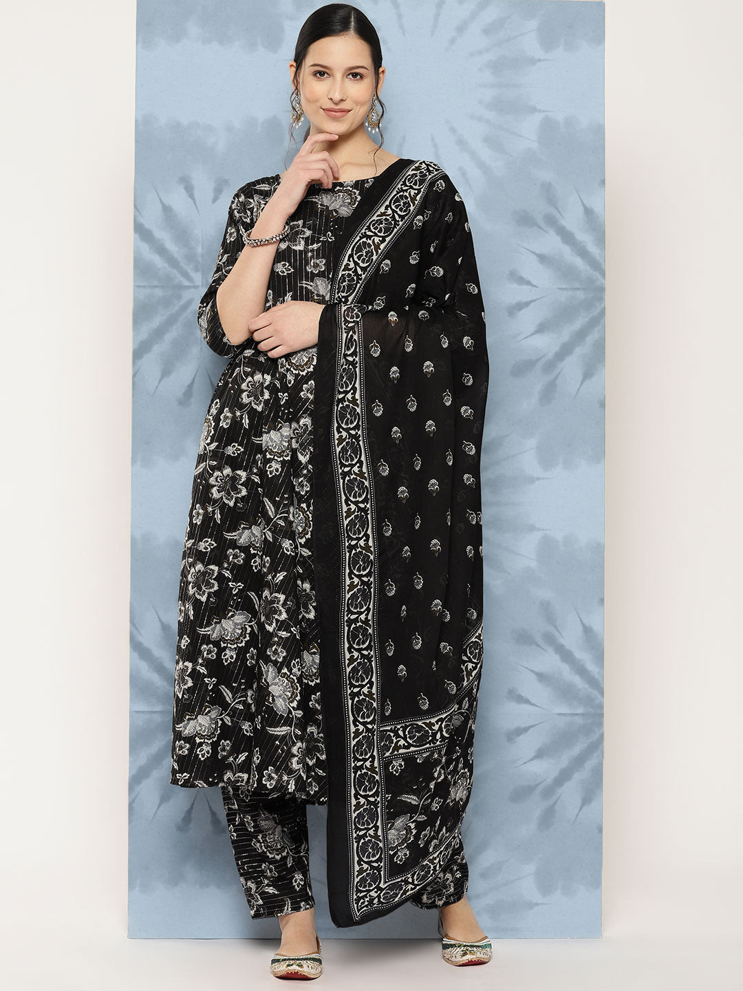 Women Black Floral Printed Flared Kurta With Trouser And Dupatta | LASVINI - Redefining Indian Fashion with Elegance
