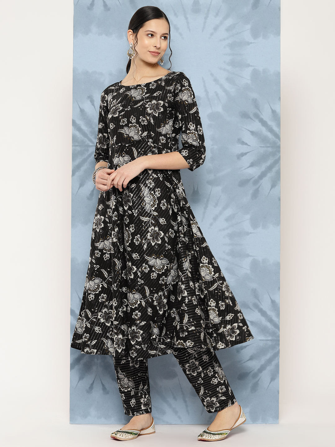Women Black Floral Printed Flared Kurta With Trouser And Dupatta | LASVINI - Redefining Indian Fashion with Elegance