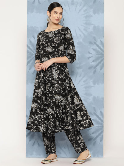 Women Black Floral Printed Flared Kurta With Trouser And Dupatta | LASVINI - Redefining Indian Fashion with Elegance