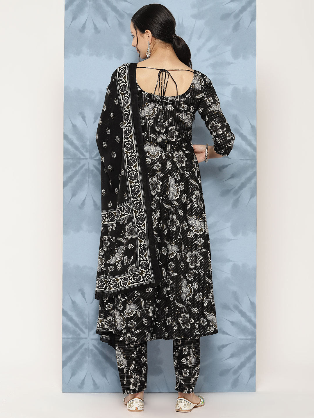 Women Black Floral Printed Flared Kurta With Trouser And Dupatta | LASVINI - Redefining Indian Fashion with Elegance