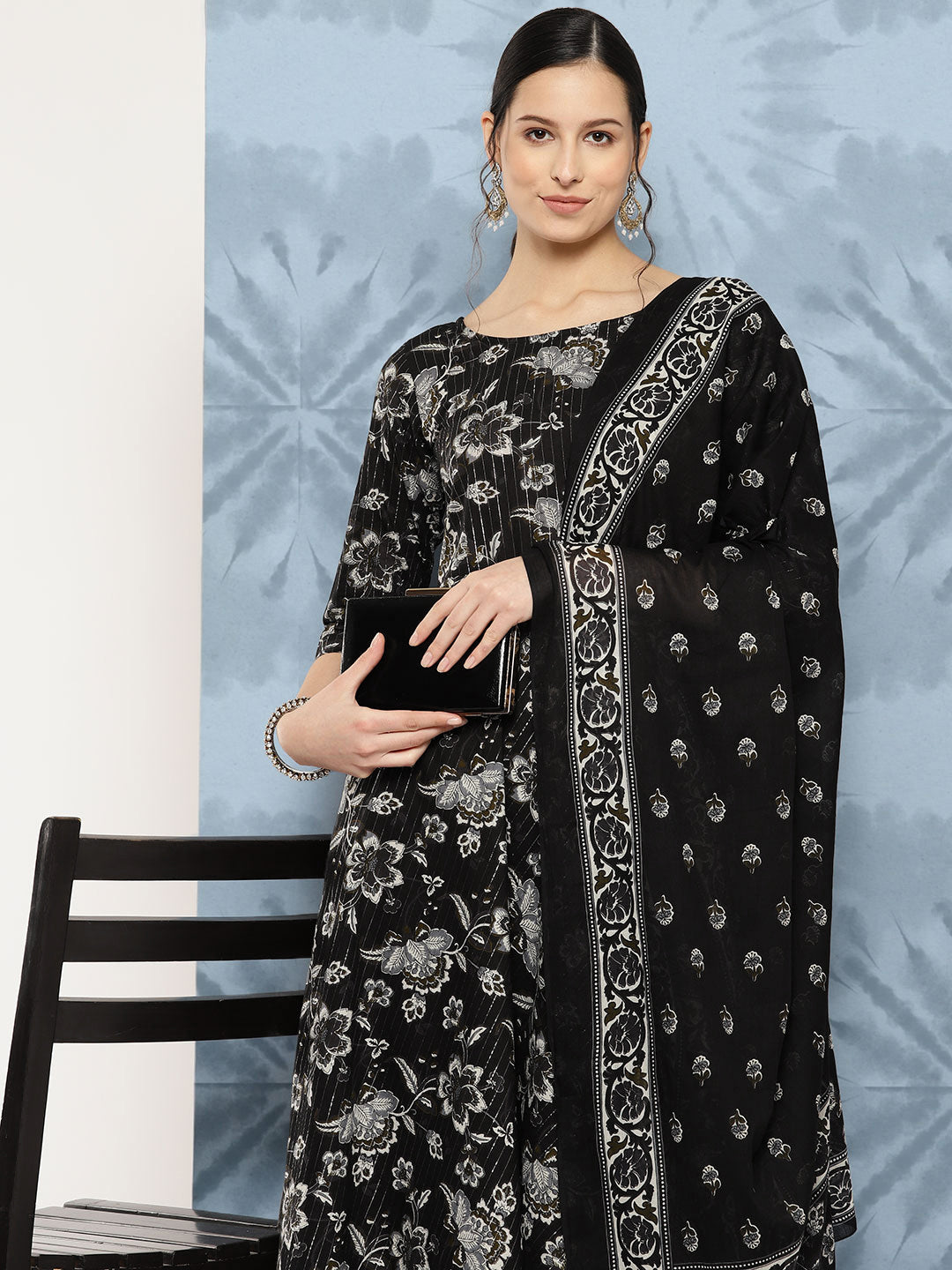 Women Black Floral Printed Flared Kurta With Trouser And Dupatta | LASVINI - Redefining Indian Fashion with Elegance
