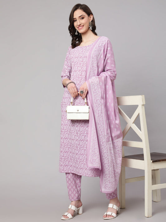 Women Levender Printed Straight Kurta With Palazzo & Dupatta | LASVINI - Redefining Indian Fashion with Elegance