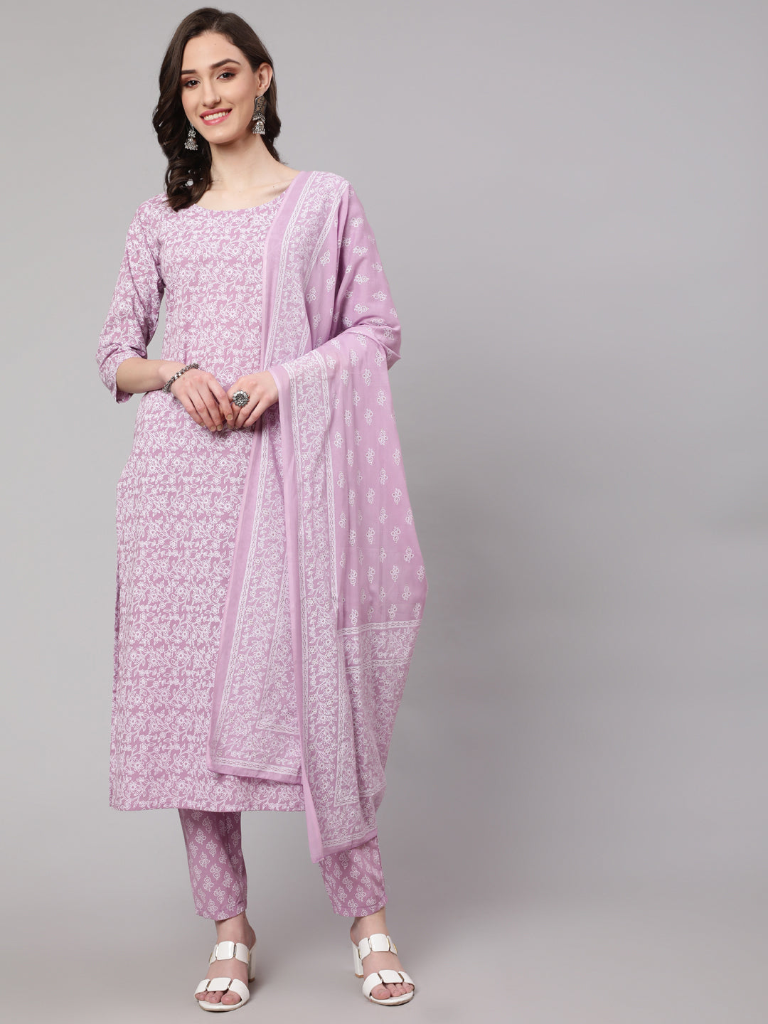Women Levender Printed Straight Kurta With Palazzo & Dupatta | LASVINI - Redefining Indian Fashion with Elegance
