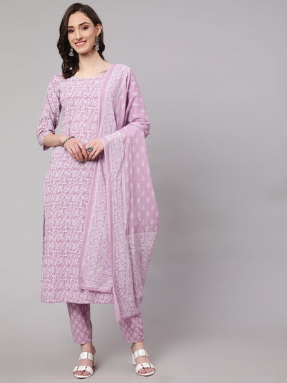Women Levender Printed Straight Kurta With Palazzo & Dupatta | LASVINI - Redefining Indian Fashion with Elegance