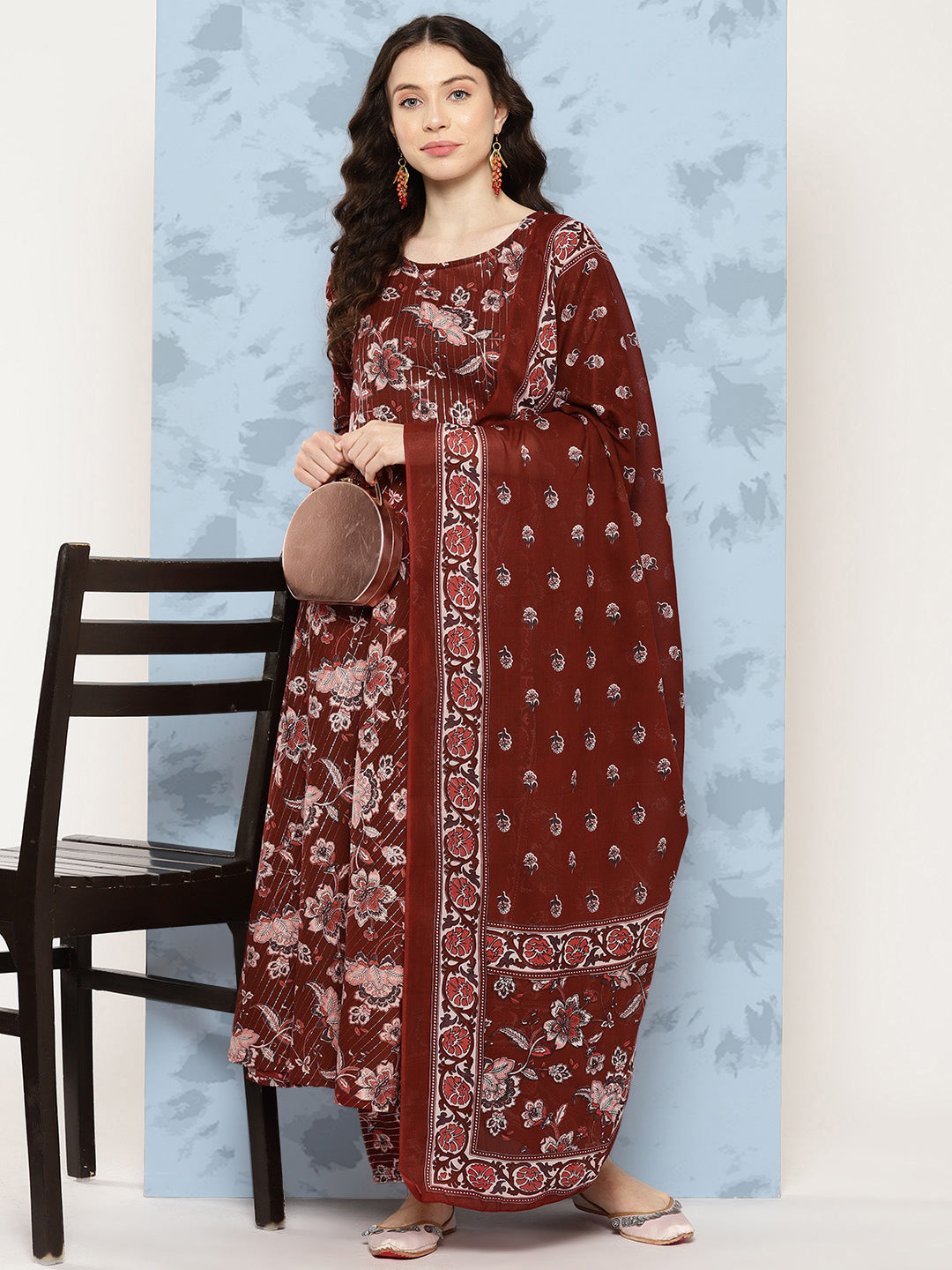 Women Maroon Floral Printed Flared Kurta With Trouser And Dupatta | LASVINI - Redefining Indian Fashion with Elegance
