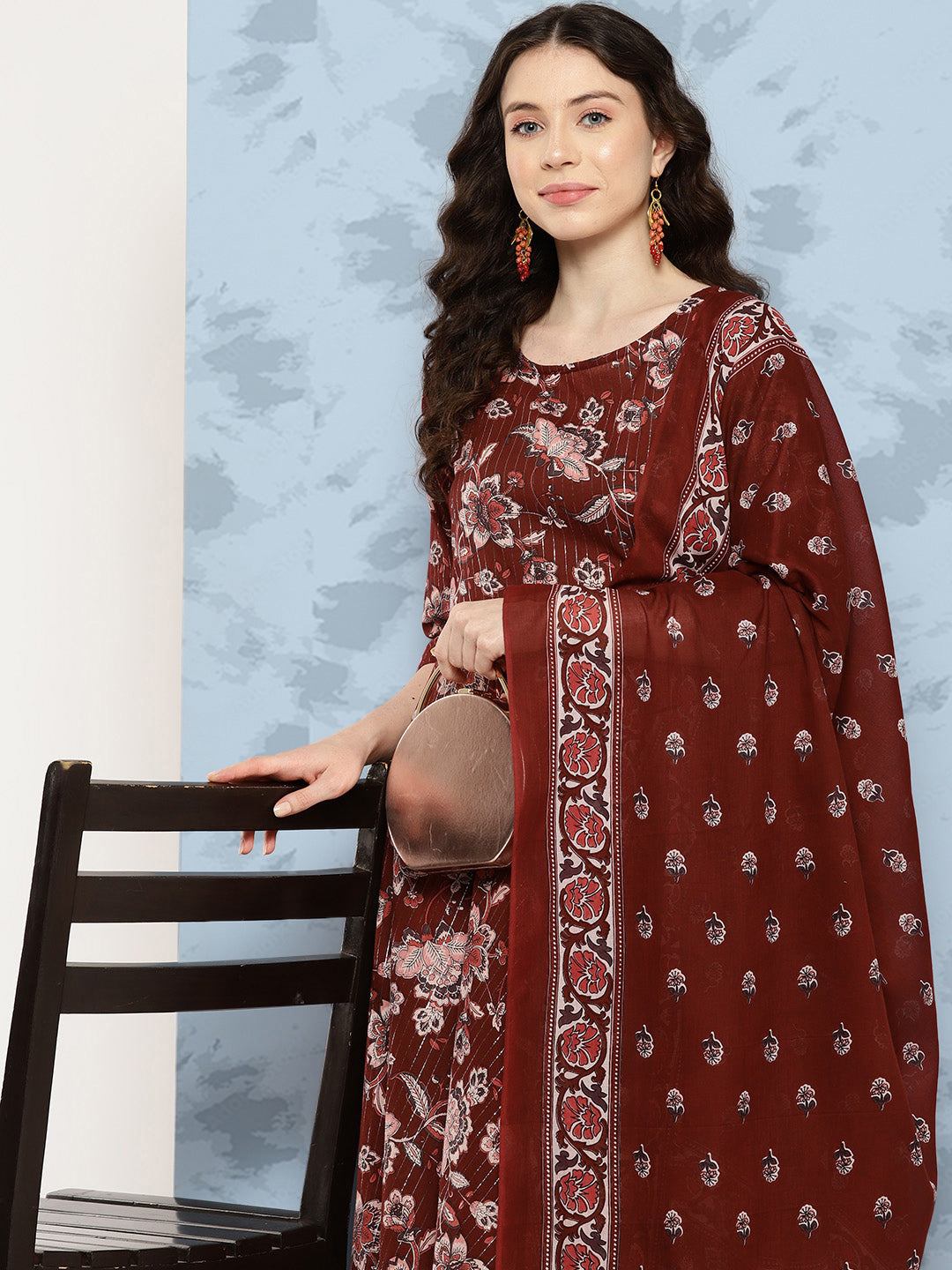 Women Maroon Floral Printed Flared Kurta With Trouser And Dupatta | LASVINI - Redefining Indian Fashion with Elegance