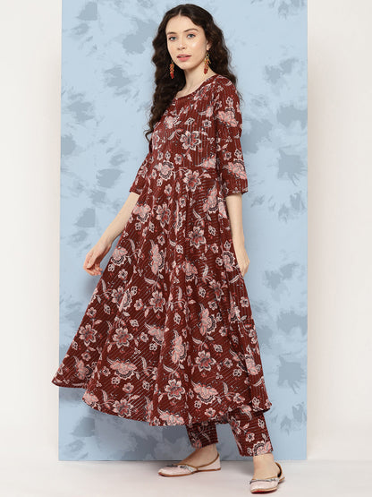Women Maroon Floral Printed Flared Kurta With Trouser And Dupatta | LASVINI - Redefining Indian Fashion with Elegance