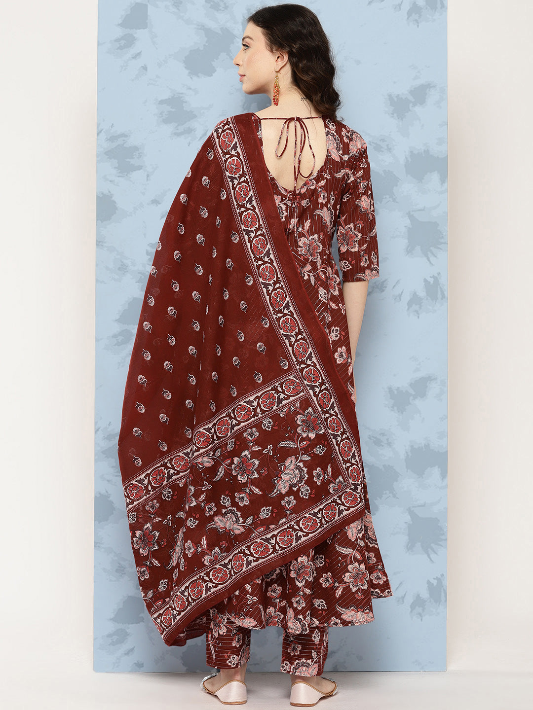 Women Maroon Floral Printed Flared Kurta With Trouser And Dupatta | LASVINI - Redefining Indian Fashion with Elegance