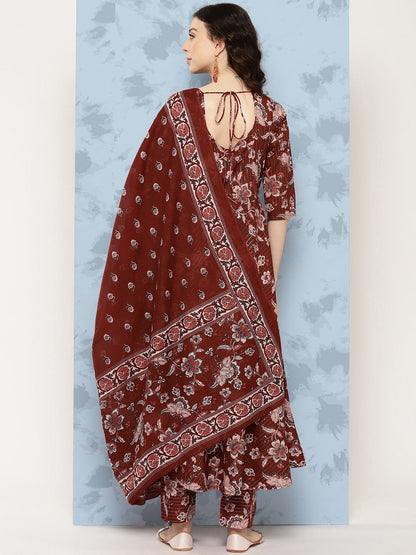 Women Maroon Floral Printed Flared Kurta With Trouser And Dupatta | LASVINI - Redefining Indian Fashion with Elegance
