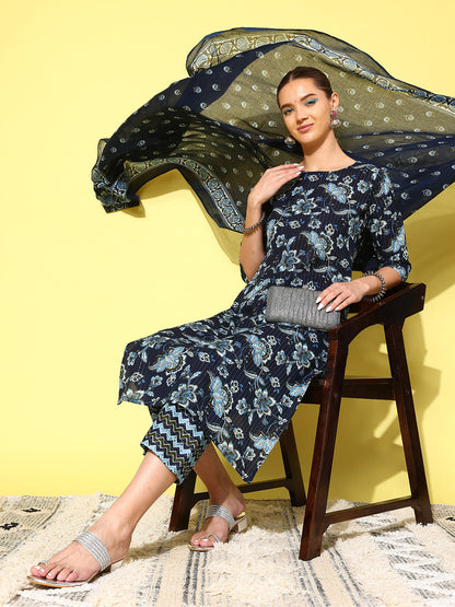 Women Indigo Blue Floral Printed Flared Kurta With Trouser And Dupatta | LASVINI - Redefining Indian Fashion with Elegance